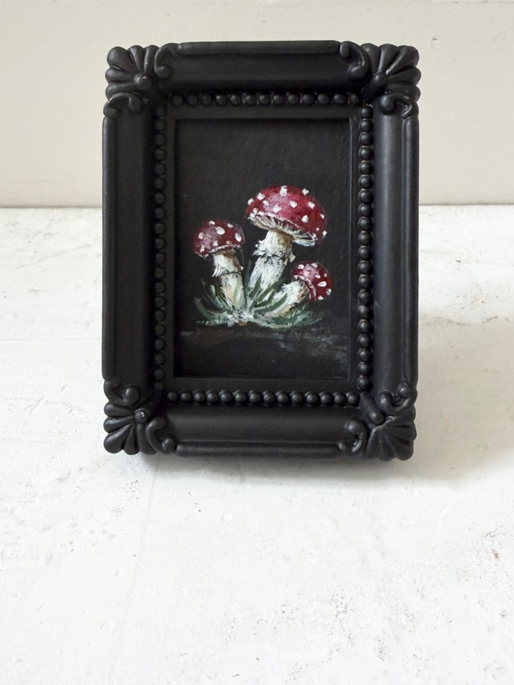 ACEO Red Mushrooms Still Life Original Acrylic Painting Framed Artwork
